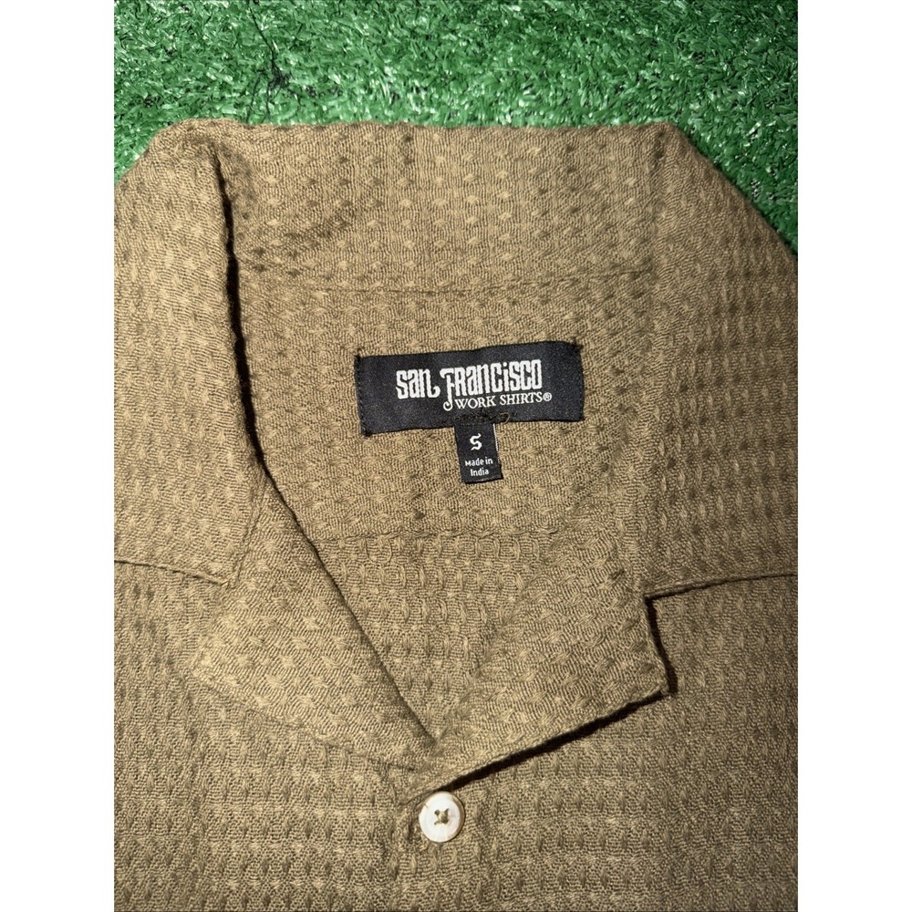 San Francisco Work Shirts Mens Small Olive Green Textured Waffle Knit Button Up - Picture 2 of 6